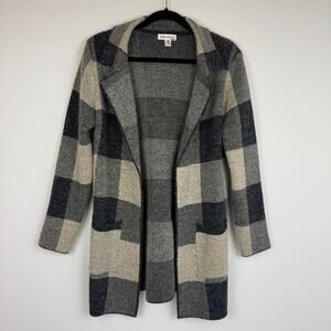 Faith and Joy Womens Cream/Grey Buffalo Plaid Longline Open Coat Petite Small